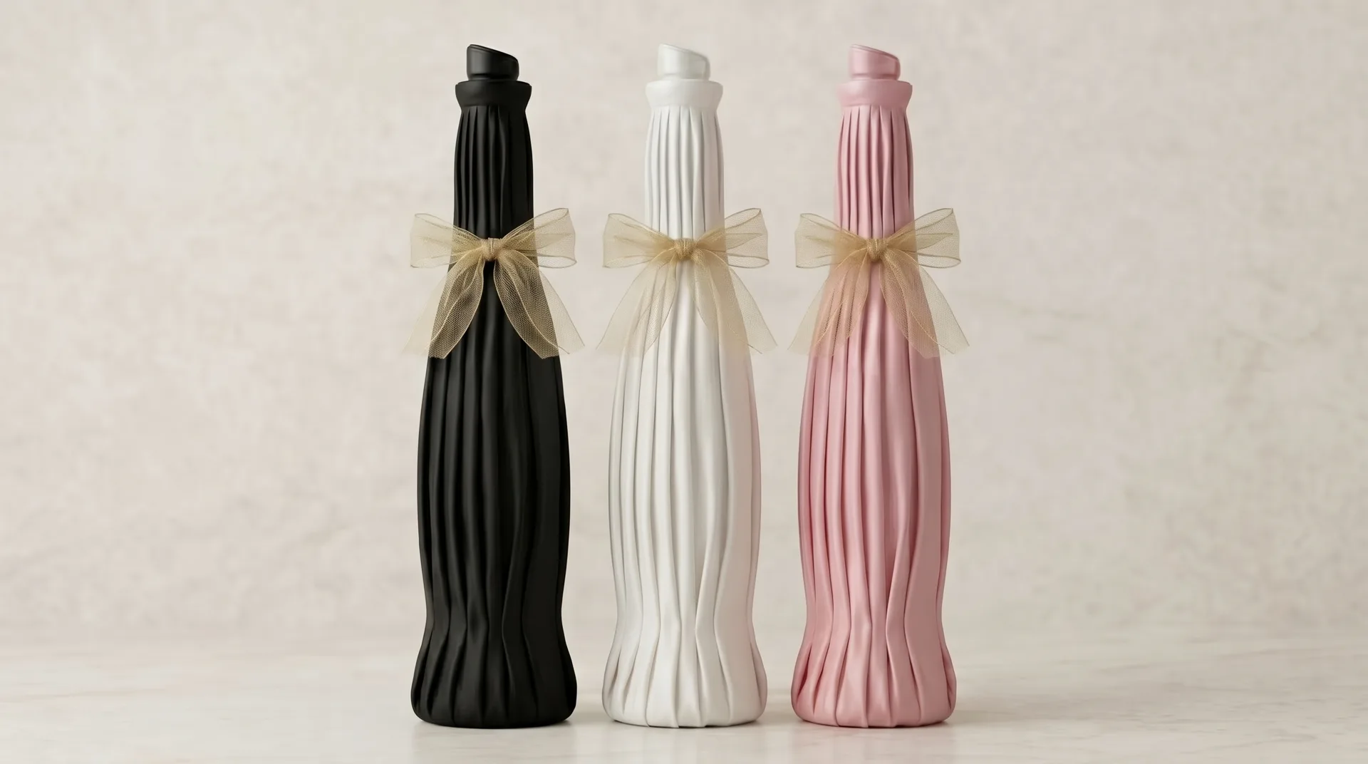 Bottles in pleated wraps with ribbon