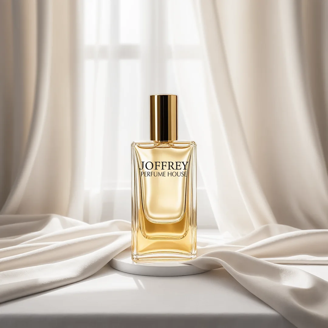 Perfume bottle against silk curtains
