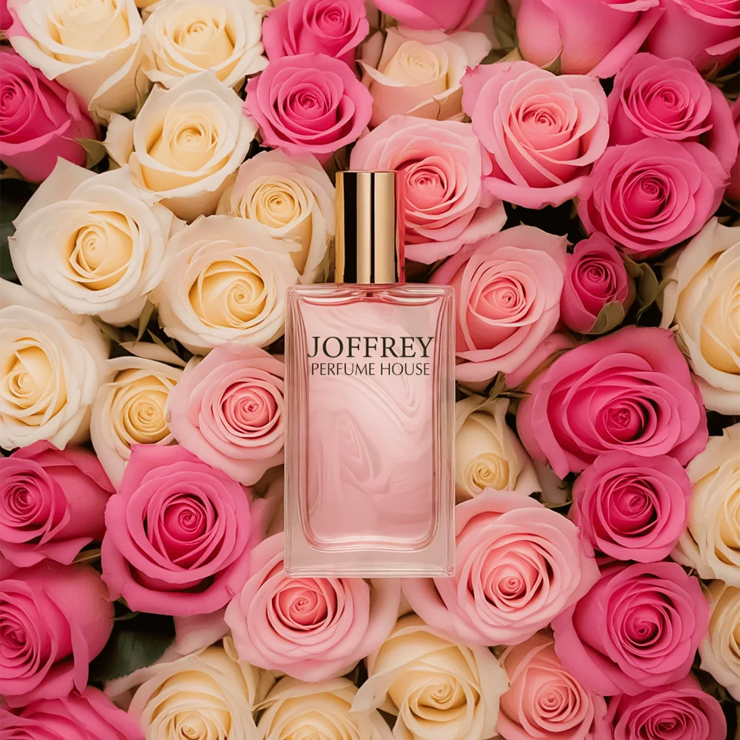 Pink perfume on a bed of roses