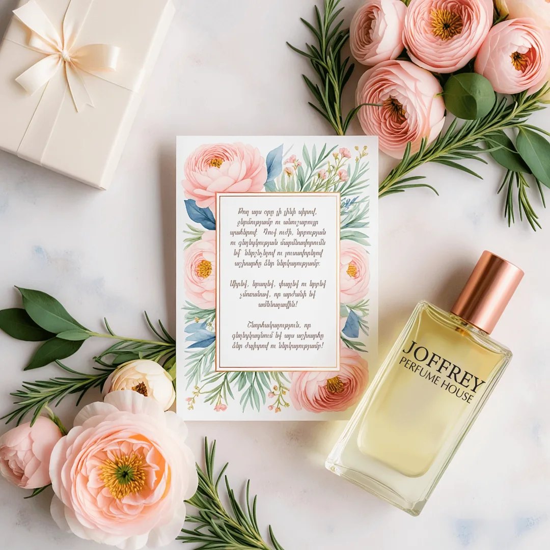 Perfume with a greeting card and flowers