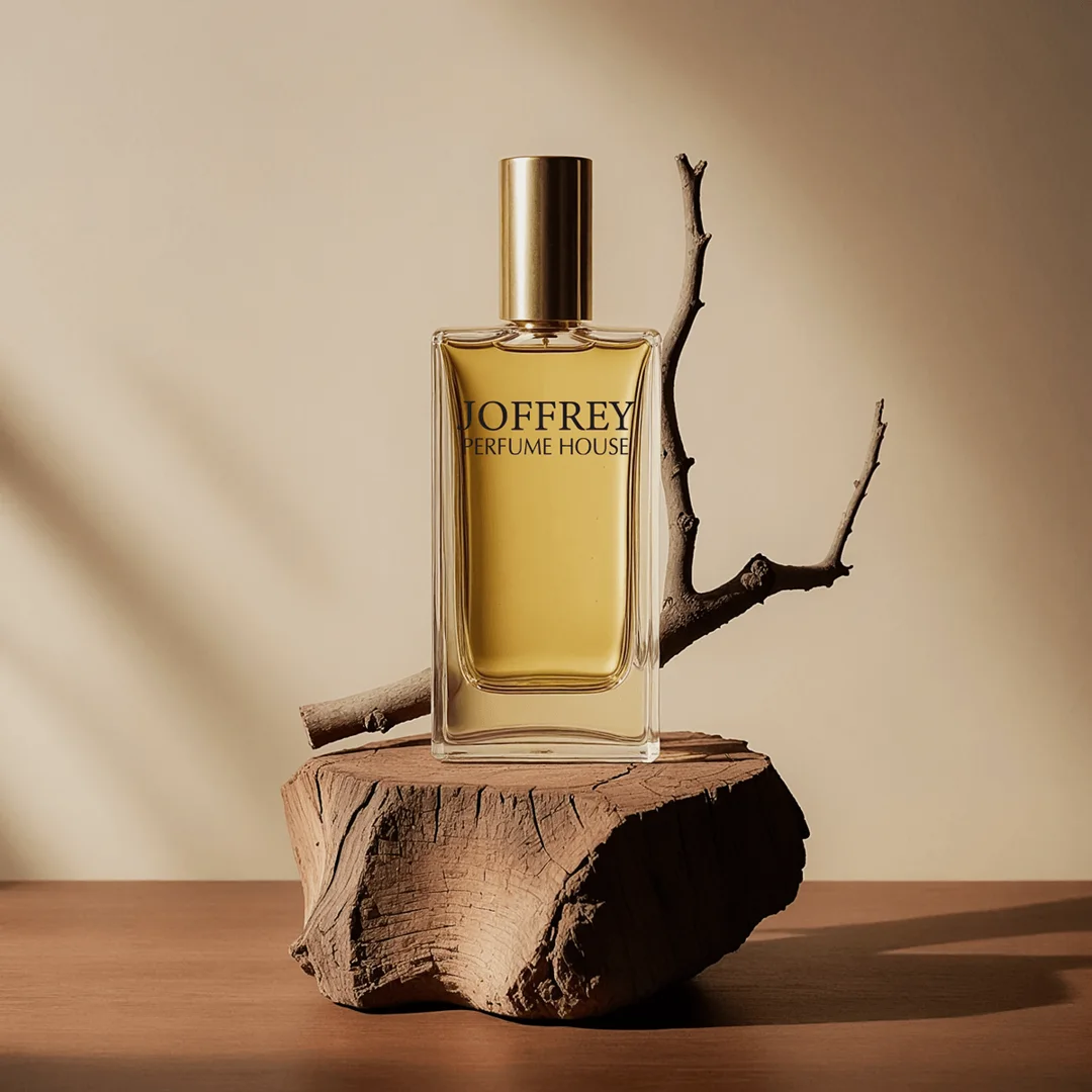 Perfume on a wooden stand with a branch