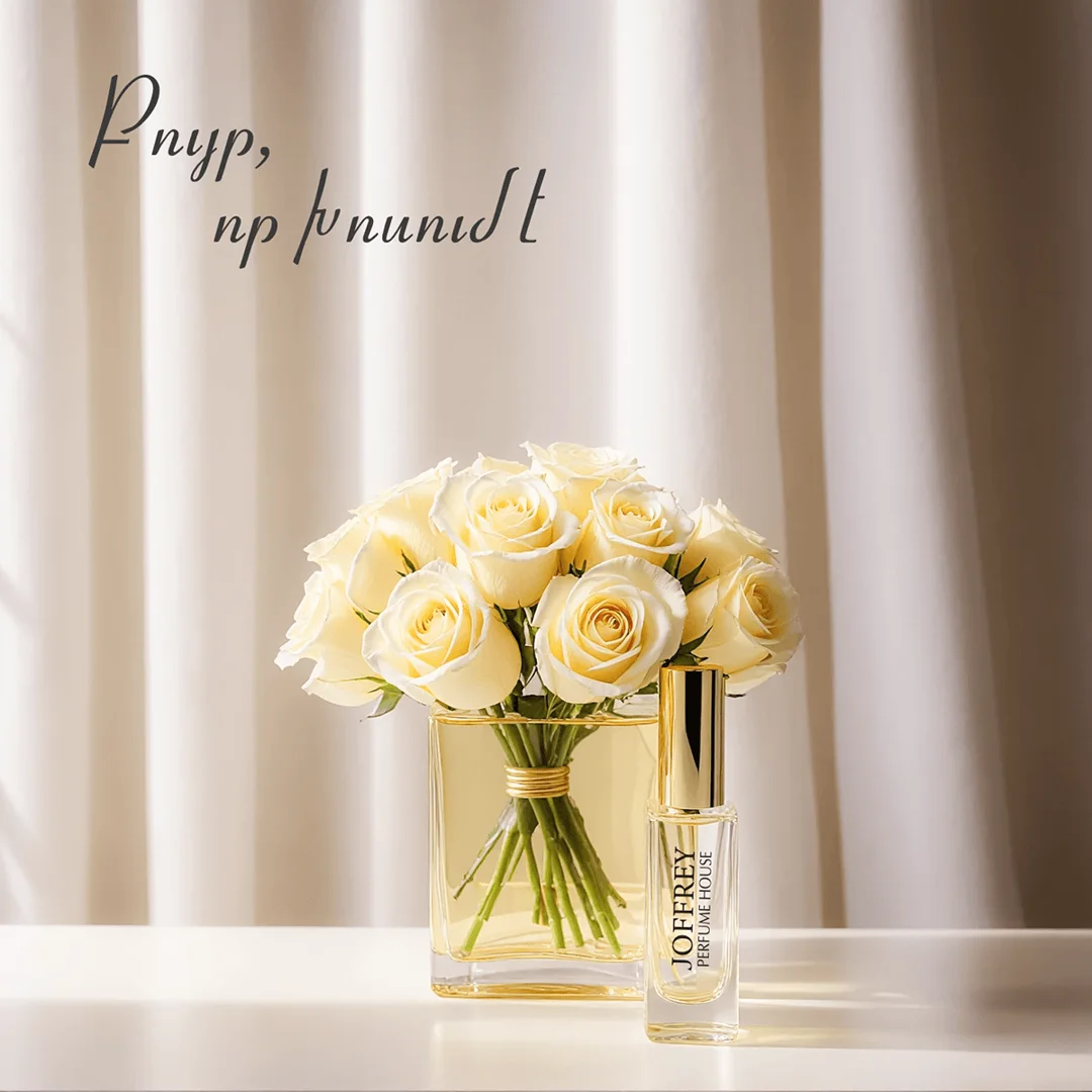 Roses in a vase with a perfume bottle