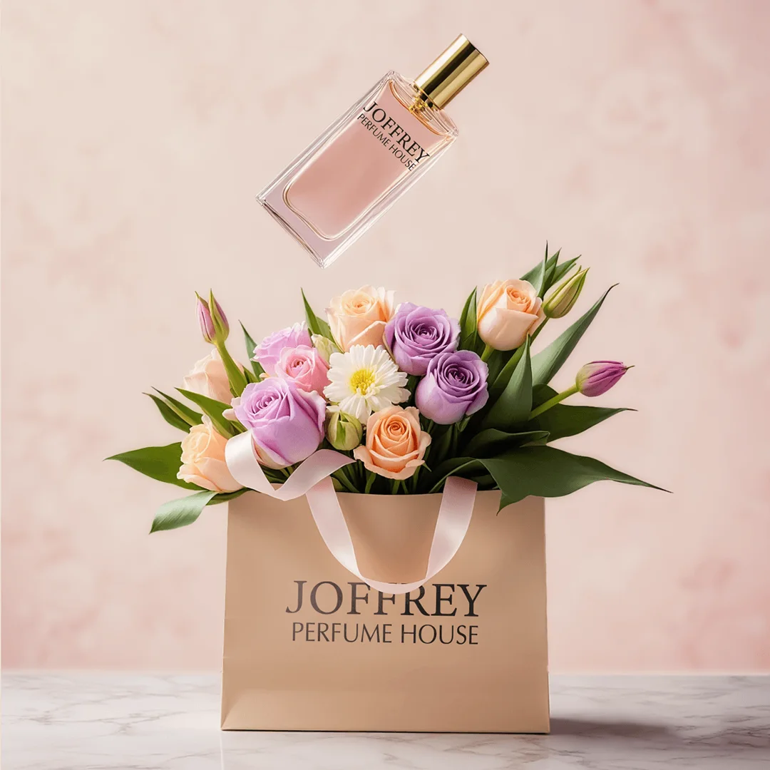 Gift bag with flowers and perfume