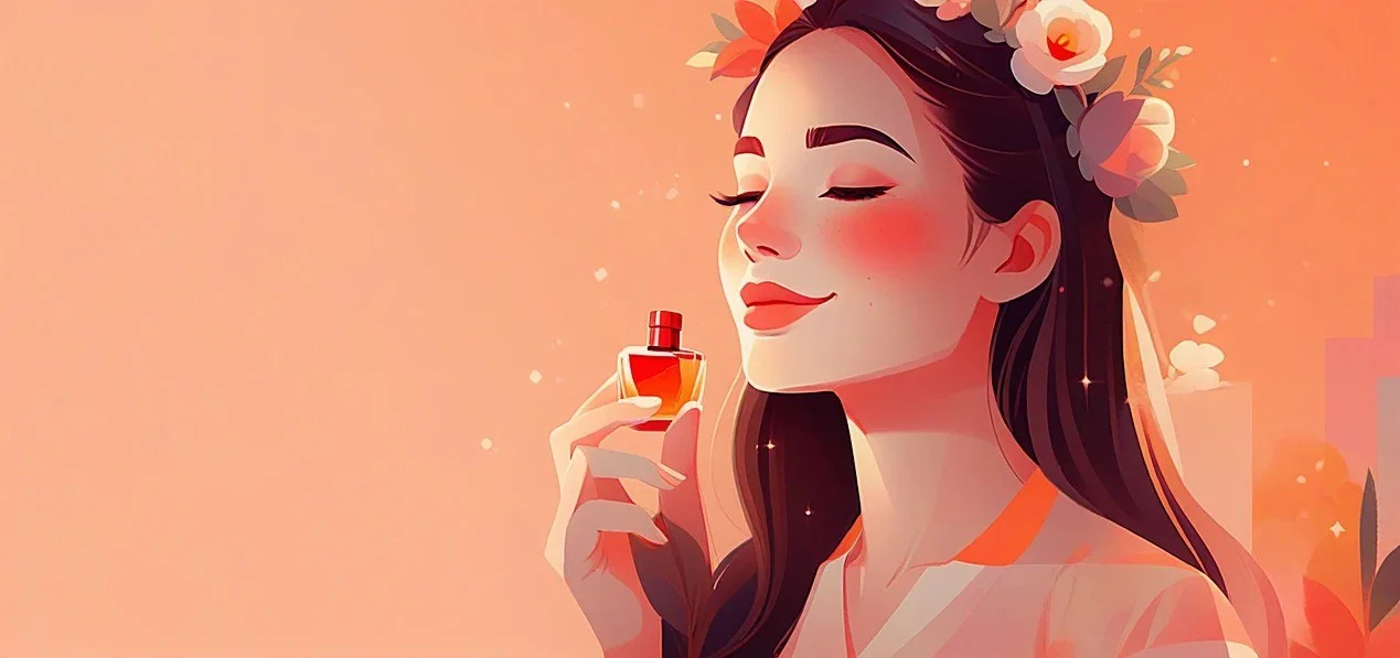 Illustrated woman with a perfume bottle